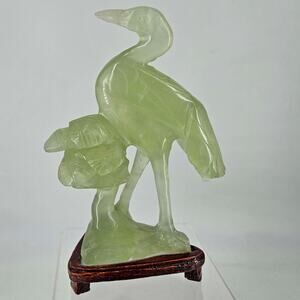 Vintage Chinese Green Jade Stone Heron Water Bird Figurine w Wooden Stand Base